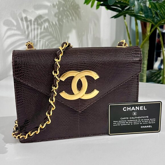 Chanel Vintage Brown Lizard Skin & Gold CC Logo Envelope Flap Bag Regular prices - Picture 1 of 16